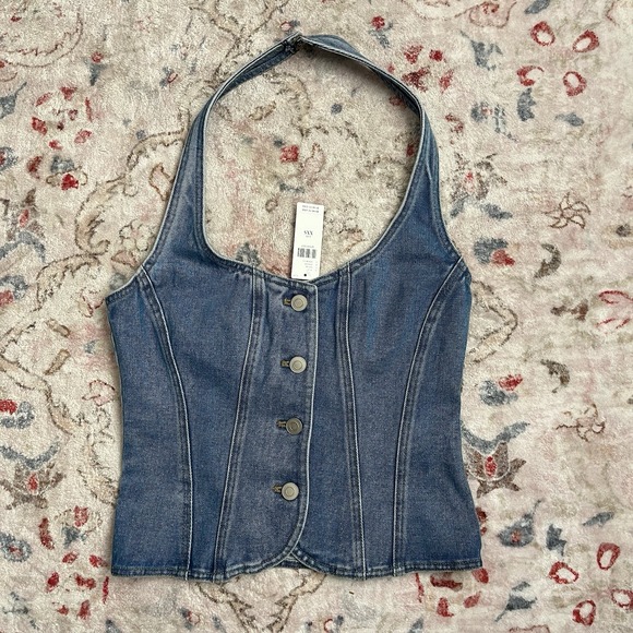 Mare Mare Halter Shrunken Denim Vest Top XXS Anthropologie Womens Blouse Jean - Picture 3 of 8